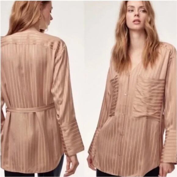 Aritzia Wilfred Zelie Oversized Silk Striped Button-Front Blouse - Picture 1 of 8